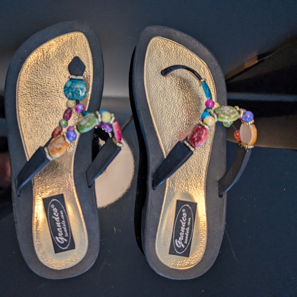Women's Black and Gold Beaded Sandals